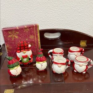 Festive Gnome Holiday espresso cups, napkin holder, and salt/pepper shaker